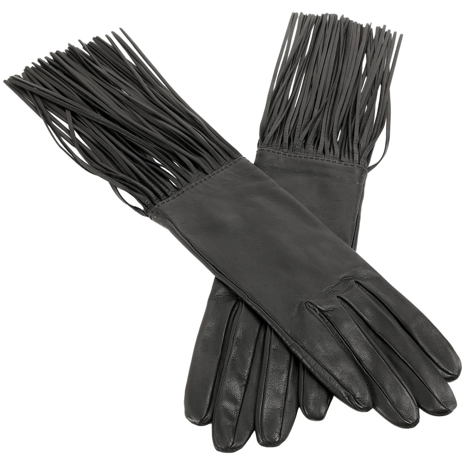 Hermès Black Lambskin Long Fringed Gloves- size 7.5