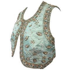 1960s Dynasty for I. Magnin Beaded and Stoned Aqua Silk Shantung Bolero Vest