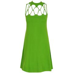 1968 Rudi Gernreich Green Wool Scalloped Cut-Out Cage Mod Space-Age Mini Dress