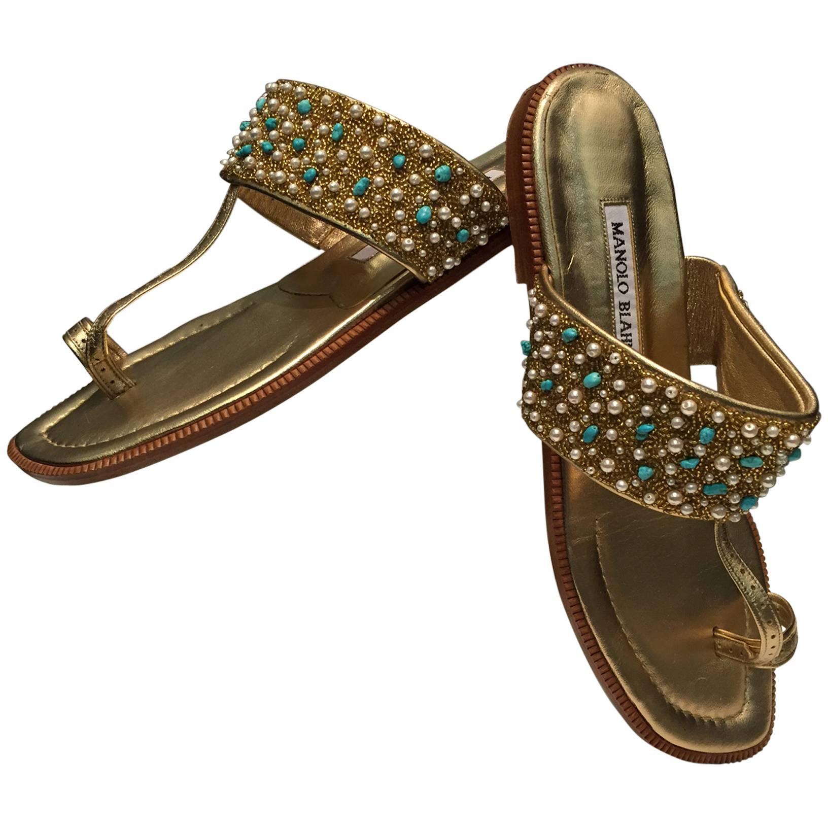 Manolo Blahnik Gold Leather Sandal with Turquoise, Pearl and Gold Beaded Vamp