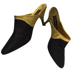 1990s Donna Karan Gilt Leather and Black Shantung Stiletto Mule 8