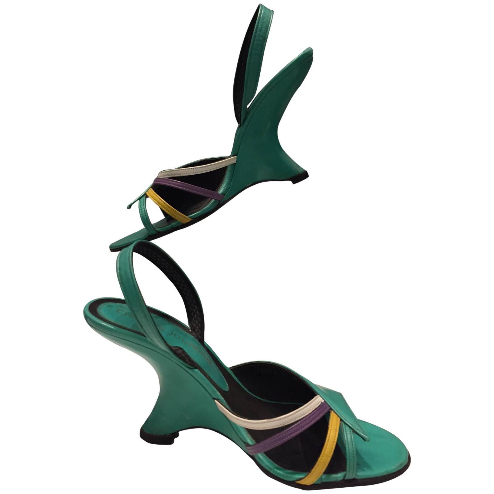 1980s Charles Jourdan Turquoise Sandal w/ 1940s Style Cut-In Wedge For Sale