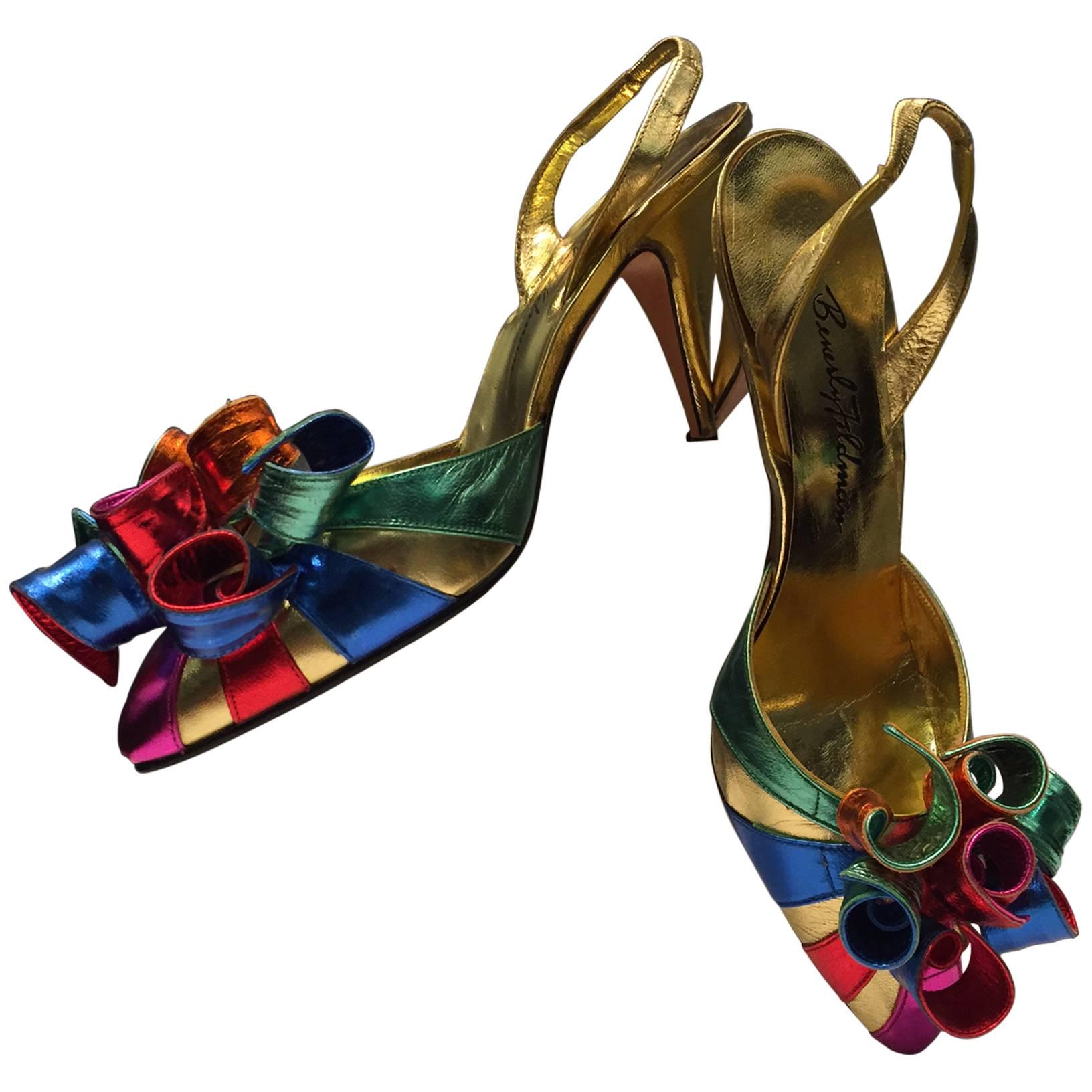 1980s Beverly Feldman Metallic Leather Rainbow Slingbacks w Leather Spirals