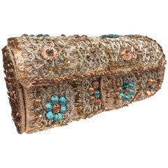 1950s Koret Silver Lamé Braid Sequin and Rhinestone Barrel Clutch