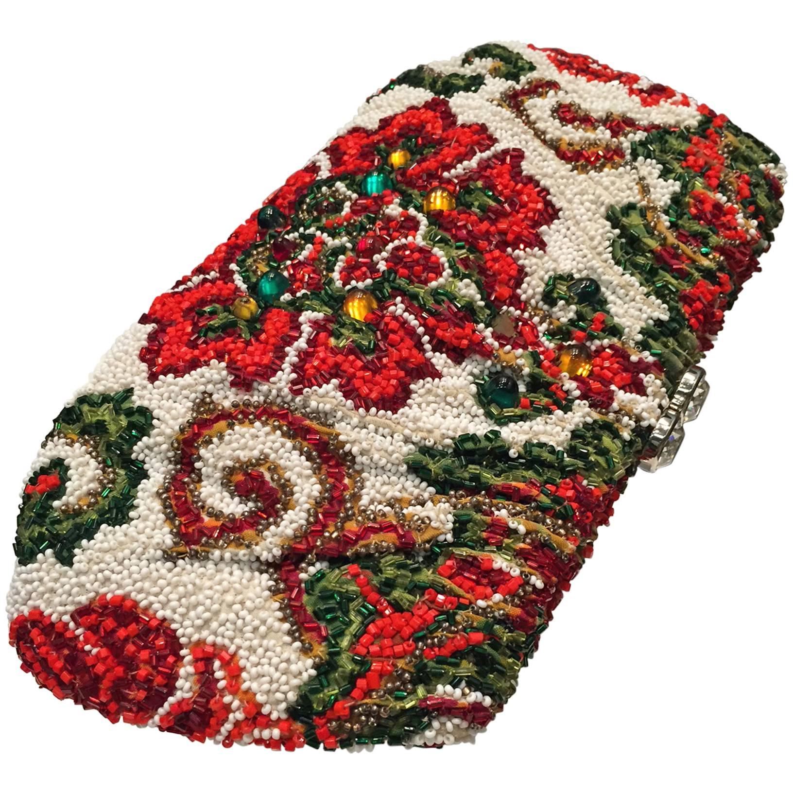 1950s Nettie Rosenstein Stylized Floral Beaded and Stoned Evening Clutch 