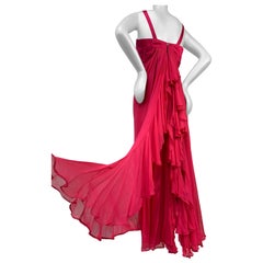 Vintage 1960 Helena Barbieri Shocking Pink Silk Chiffon Column Gown w/ Waterfall Back