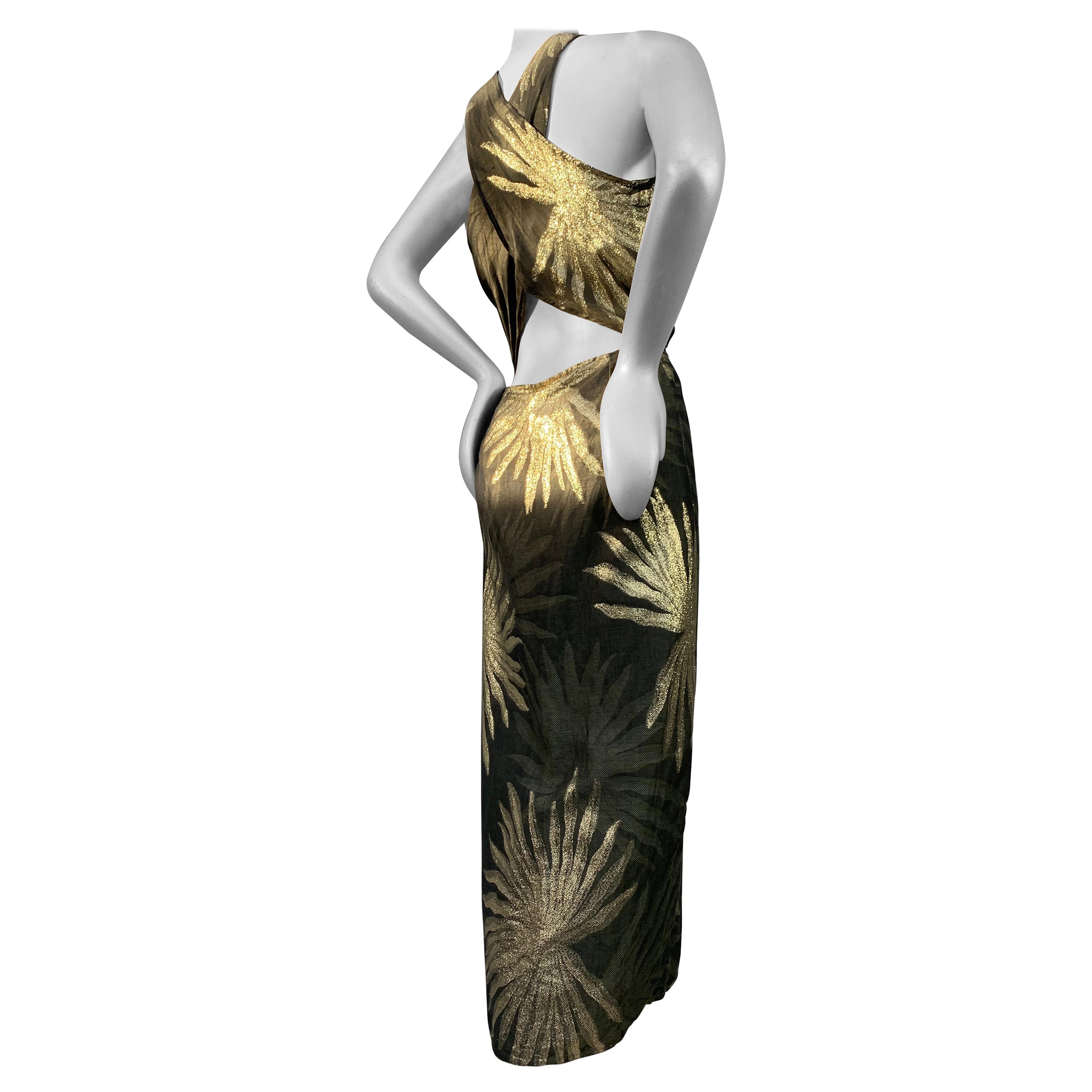 1980s Pancaldi Linen & Lame Criss-Cross Open-Back Halter Gown w/ Palm Leaf Motif For Sale