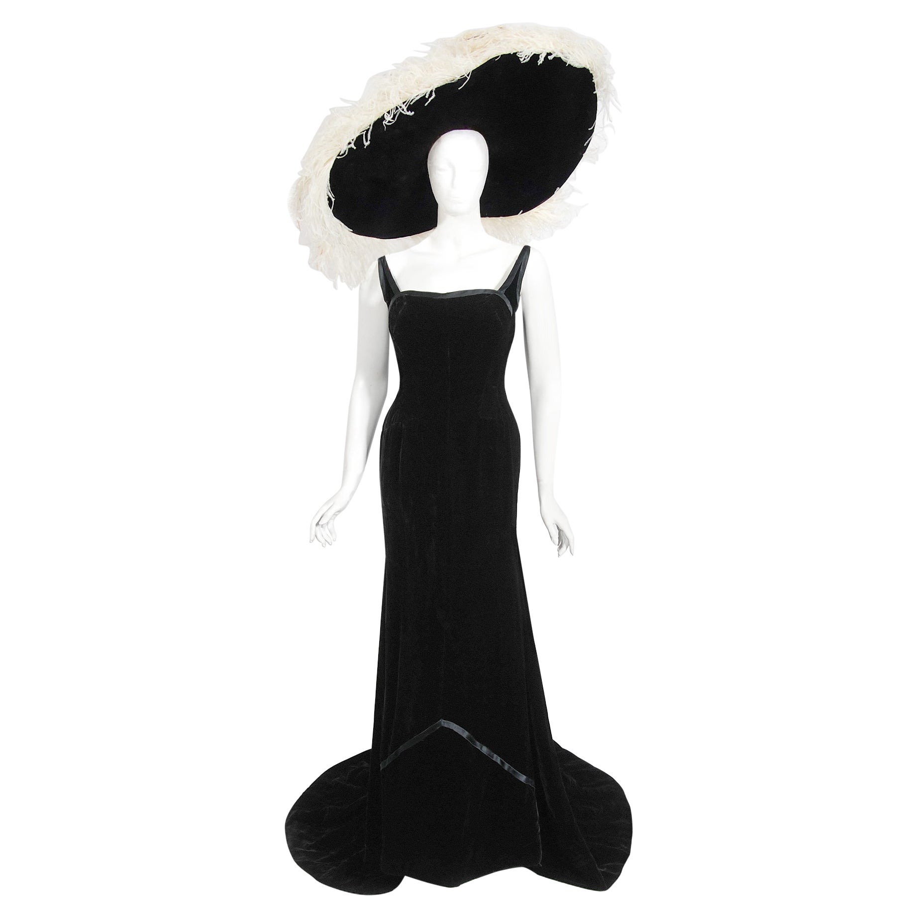 Vintage 1967 Don Loper Couture For Barbra Streisand Black Hourglass Gown & Hat