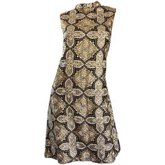 1960s Pat Sandler Silver + Gold + Black Silk Brocade Rhinestone A - Line Dress