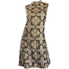 1960s Pat Sandler Silver + Gold + Black Silk Brocade Rhinestone A - Line Dress 1