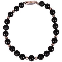 Cartier Matte and Shiny Onyx & Silver Bead Necklace, Silver & Gold Clasp 12