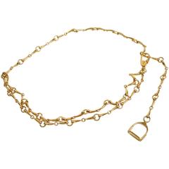 Gucci Gold Horsebit Double Strand Charm Logo Chain Link Waist Belt 