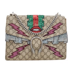 Gucci Beige Coated Canvas And Suede Medium Embroidered Dionysus Shoulder Bag