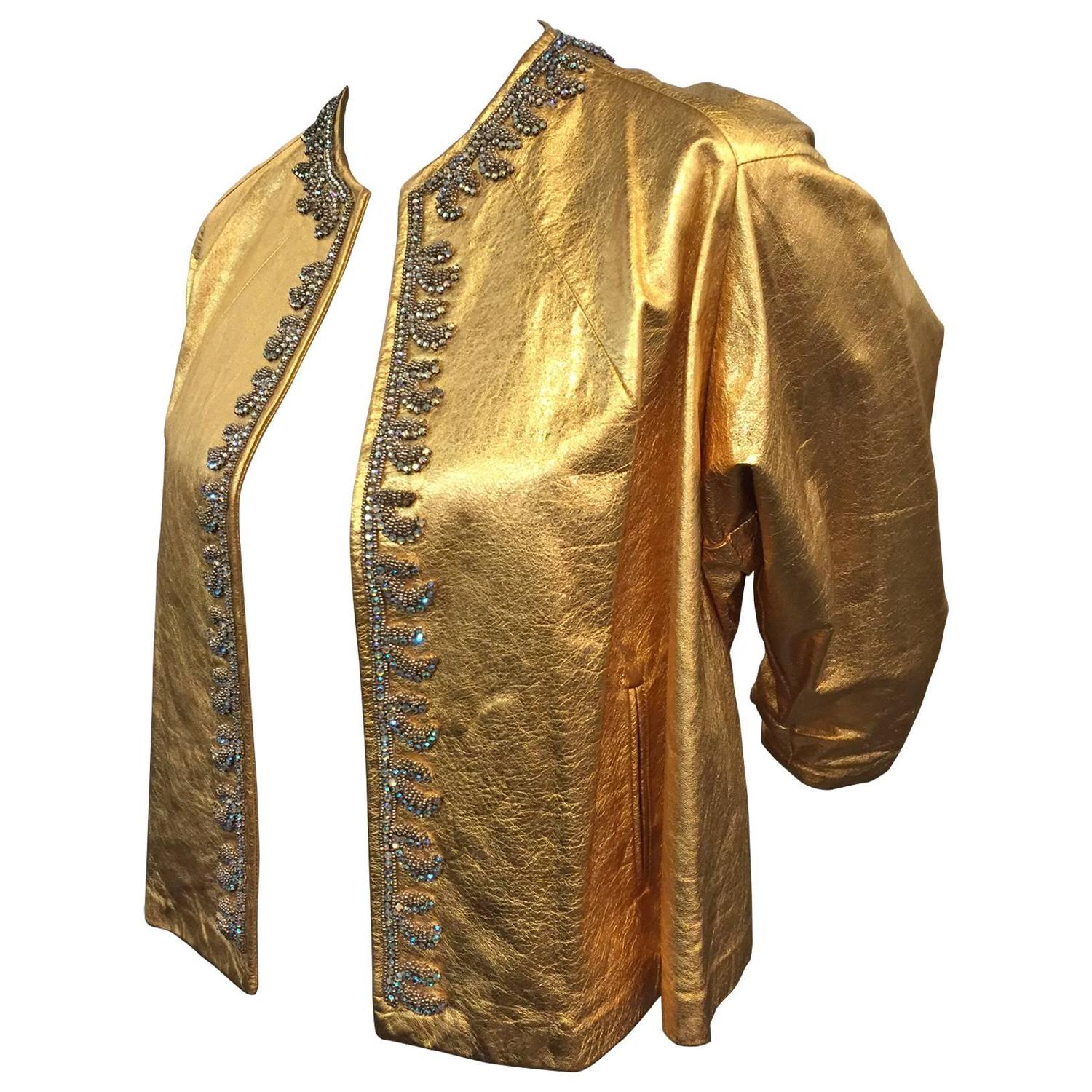 1950s Gold Gilt Leather BoxyCut Evening Jacket w Beading and Rhinestone Detail For Sale at 1stdibs
