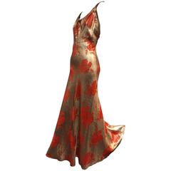 1930s Germaine Monteil Gold and Persimmon Floral Silk Lamé Evening Gown
