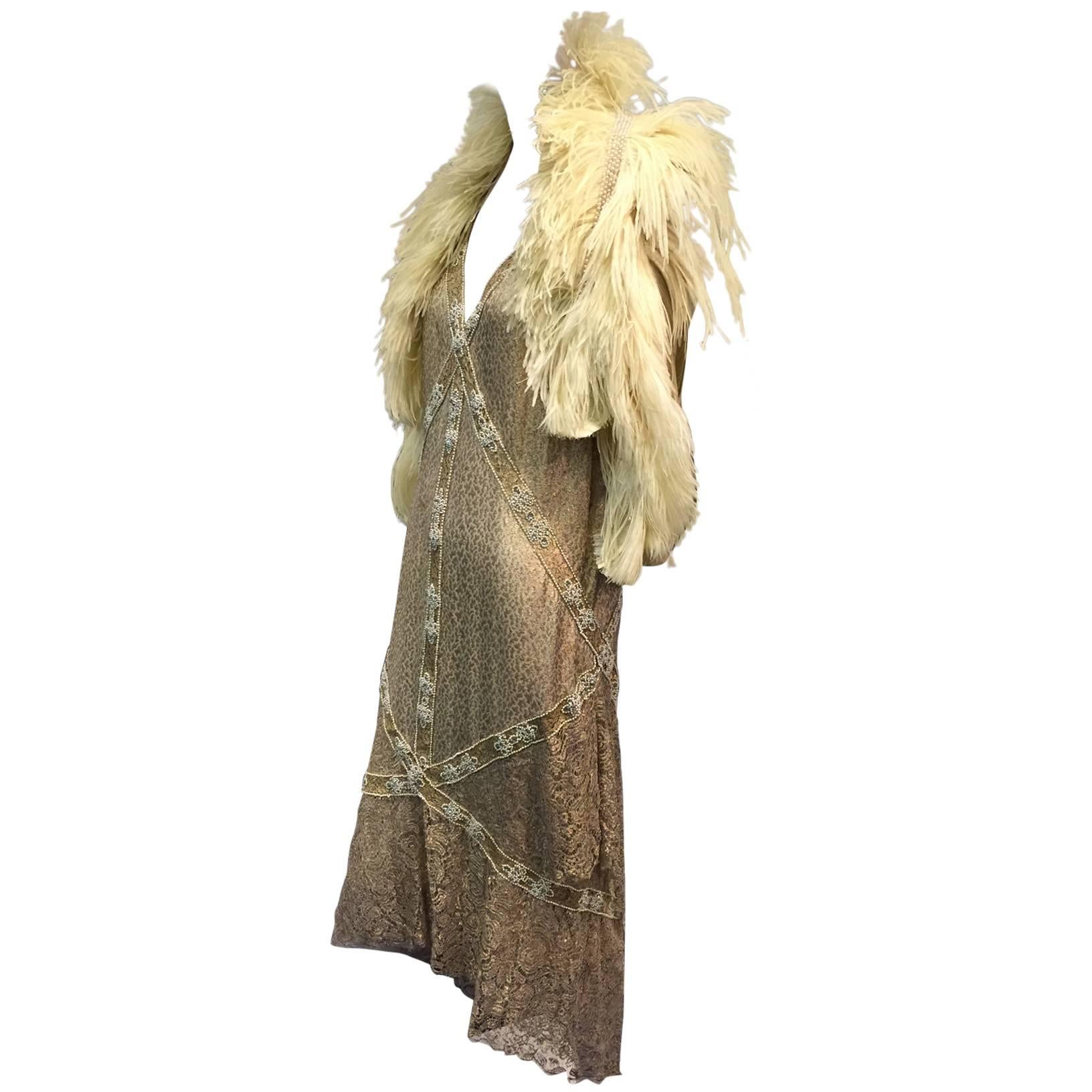 1920s Thurn Gold Lamé Lace Evening Dress and Ostrich Feather Vest Ensemble