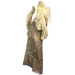Antique 1920s Thurn Gold Lamé Lace Evening Dress and Ostrich Feather Vest Ensemble