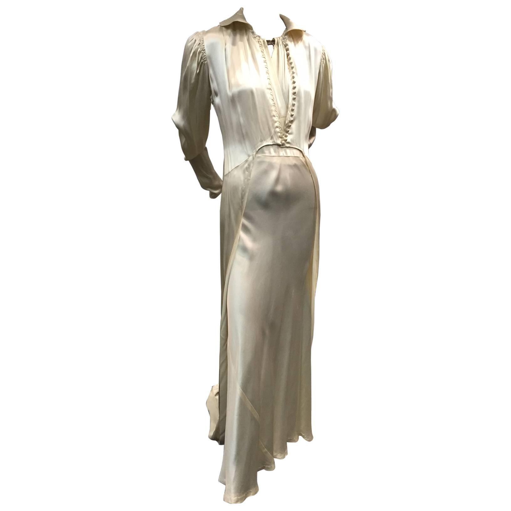 1930s 2-Piece Bridal Bias-Cut Gown and Coat w Long Train and Rhinestone Neck