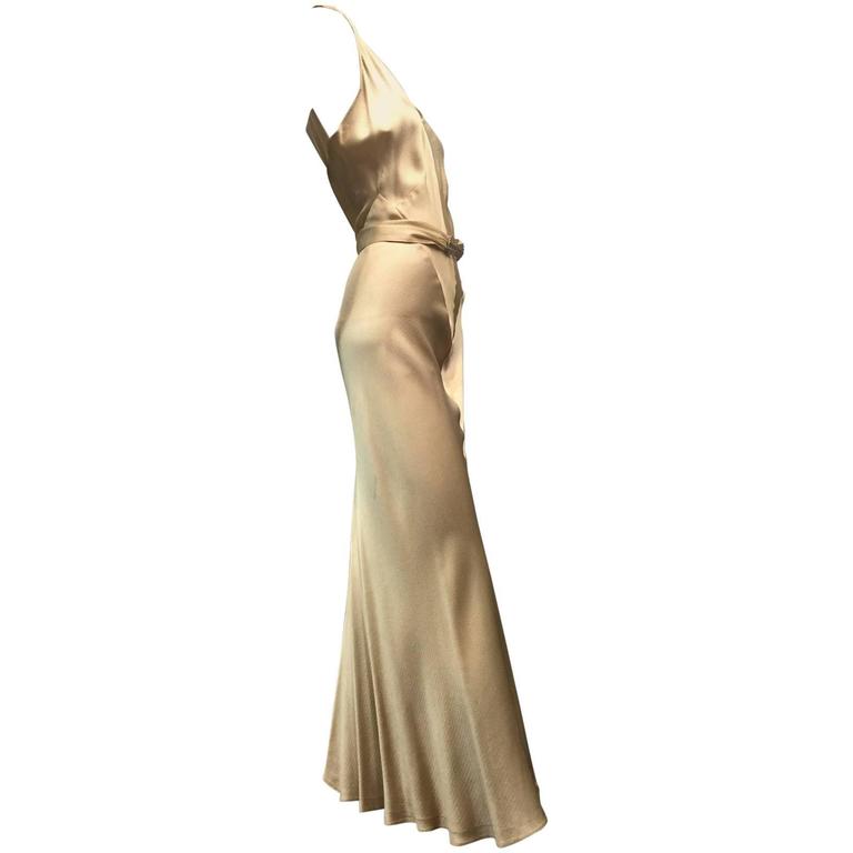 1930s Spectacular Champagne Gold Hammered Silk Satin Gown w Plunging Back  at 1stDibs