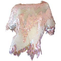 Exceptional Vintage Oleg Cassini Pink + Ivory Silk Paillette + Pearls Sequin Top