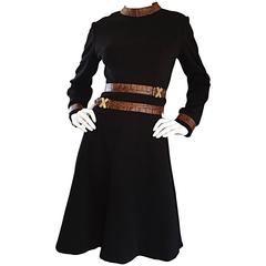 Vintage 1960s Louis Feraud Super Rare Black Wool + Brown Embossed Leather A Line Dress
