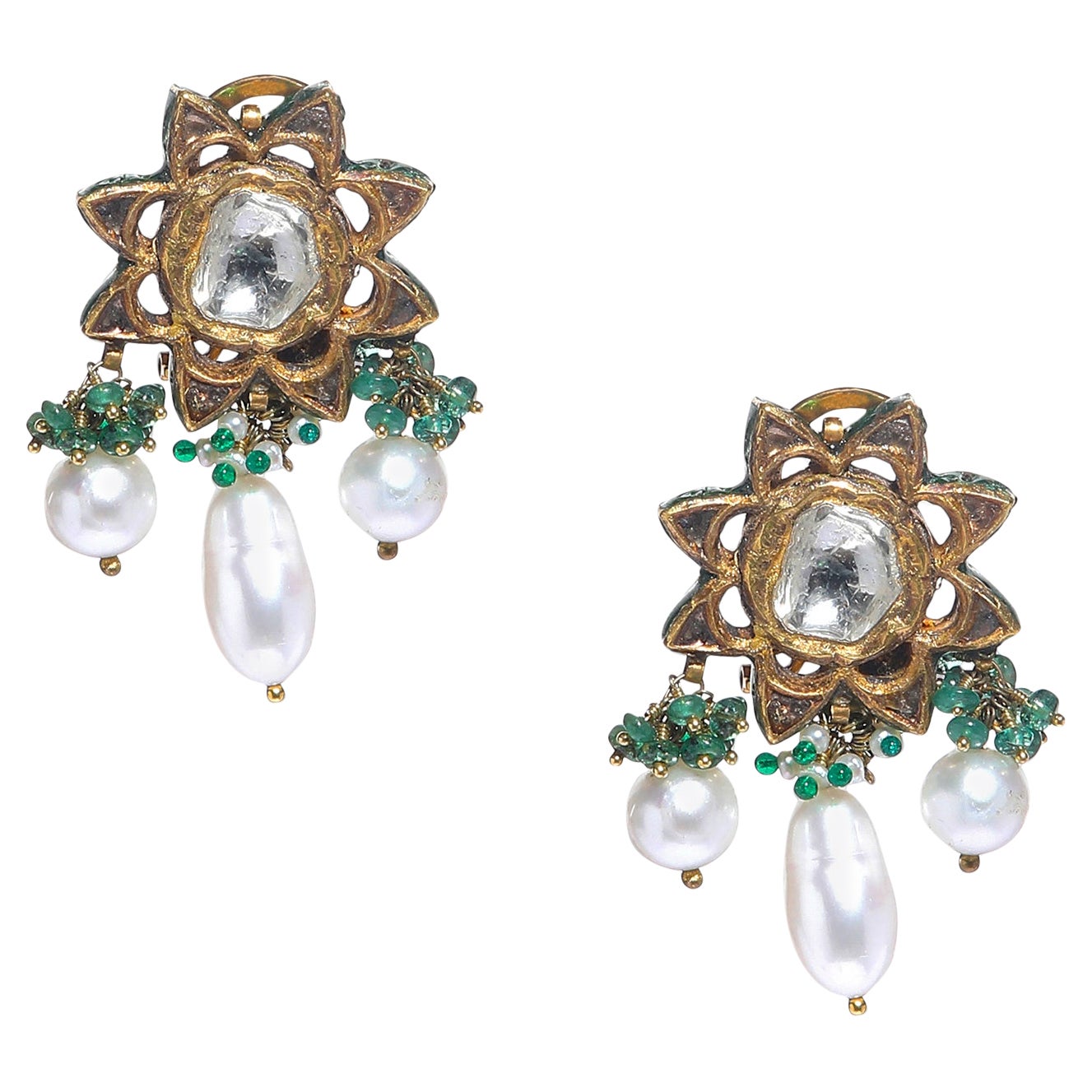 Gold Polki Emerald Earrings with Pearls - Vintage Intention