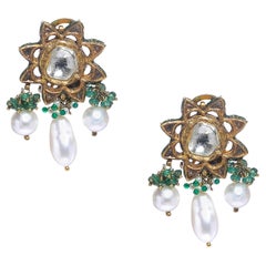 Gold Polki Emerald Earrings with Pearls - Vintage Intention