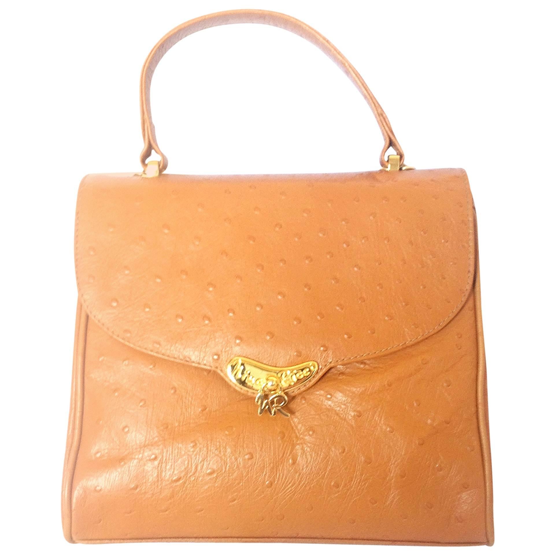 MINT. Vintage Nina Ricci tan brown ostrich-embossed leather handbag purse. For Sale