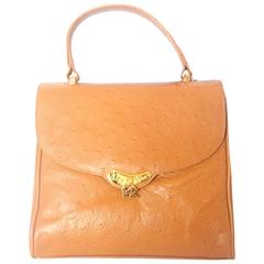 MINT. Vintage Nina Ricci tan brown ostrich-embossed leather handbag purse.
