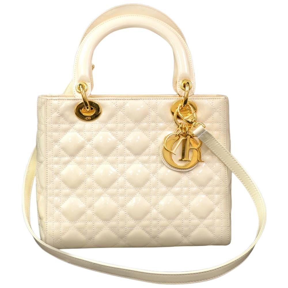 Christian Dior Lady Dior 10inch Off White Quilted Cannage Patent Leather HandBag