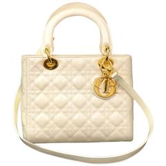 Retro Christian Dior Lady Dior 10inch Off White Quilted Cannage Patent Leather HandBag