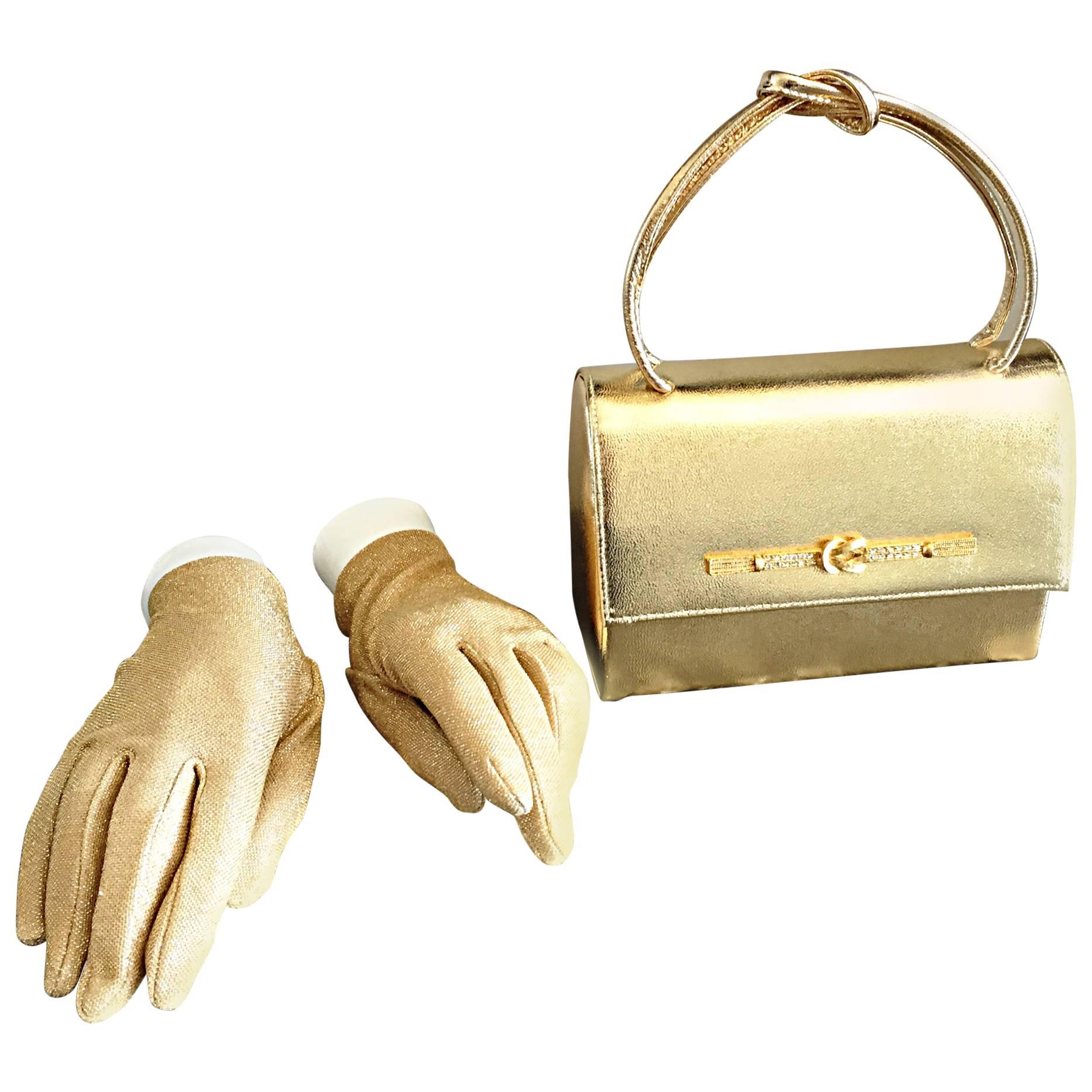 1950s Vintage Gold Metallic Leather 50s Purse Bag w/ Matching Gold Lurex Gloves