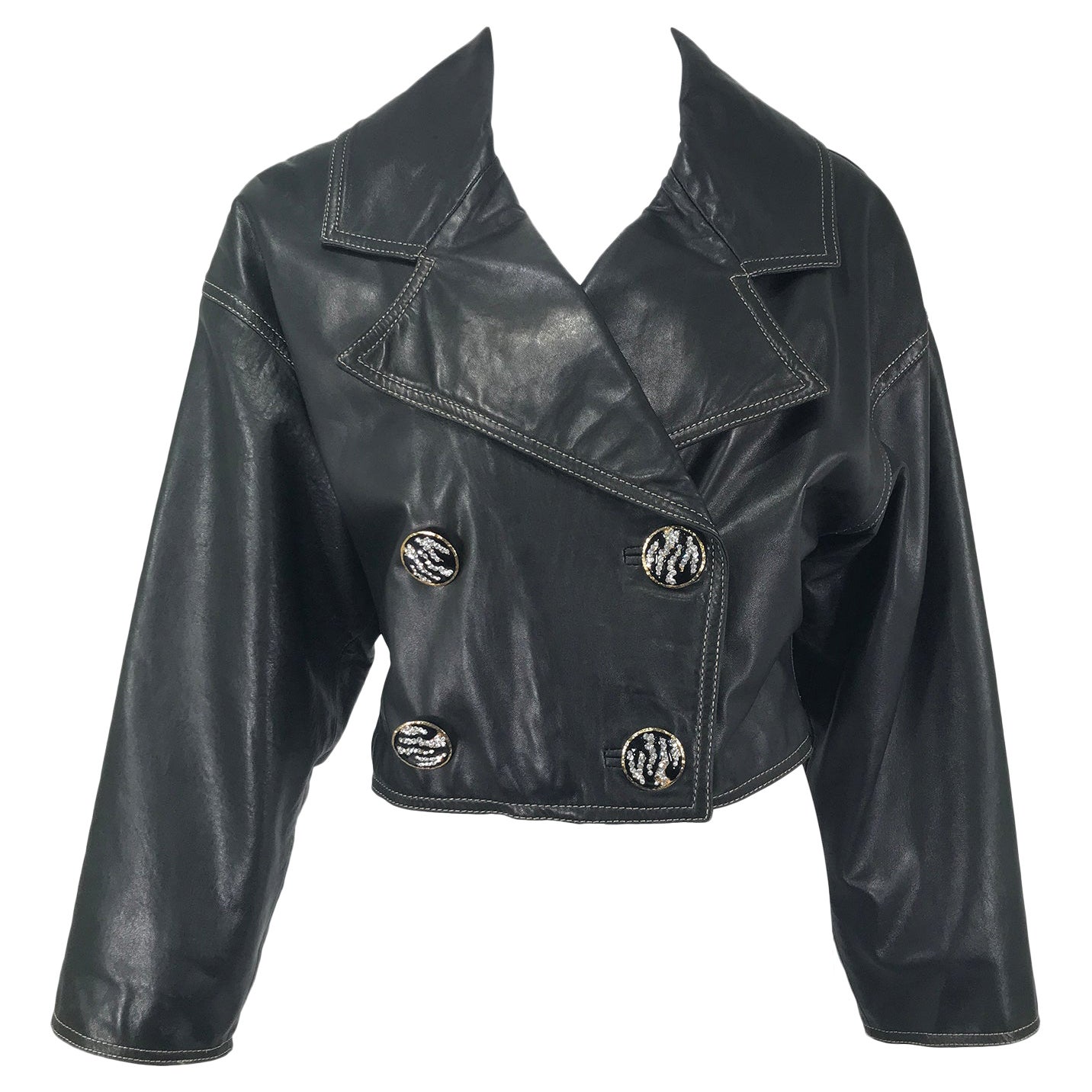 Genny Black Leather Bomber Jacket With Rhinestone Buttons & Gold Stitching 1980s For Sale
