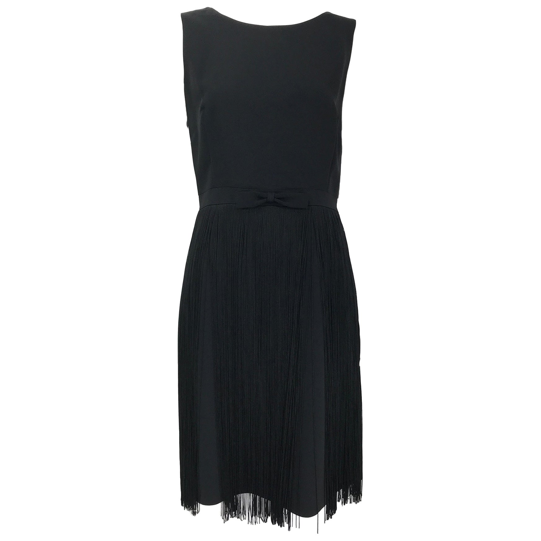 Moschino Sleeveless Black Crepe Bow Waist Fringe Skirt Dress 1990s For Sale