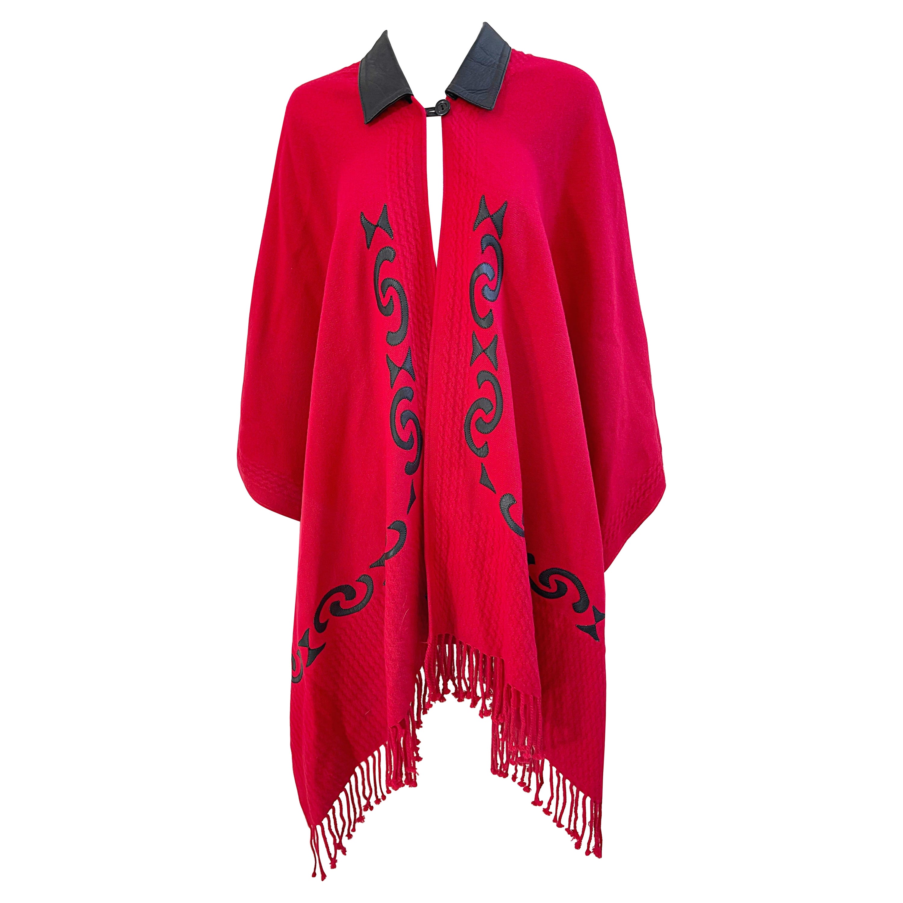 Vintage Red Black Wool + Leather Patchwork Fringe Cape / Poncho 