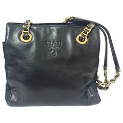 Vintage Prada genuine dark navy, black nappa leather chain shoulder tote bag.