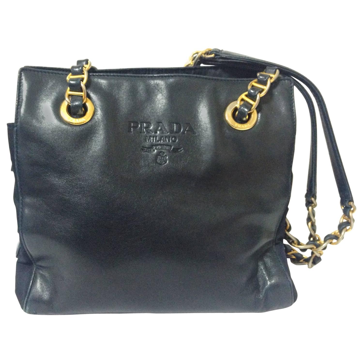 Vintage Prada genuine dark navy, black nappa leather chain shoulder tote bag.  at 1stDibs | vintage prada chain bag, prada vintage, vintage prada shoulder  bag