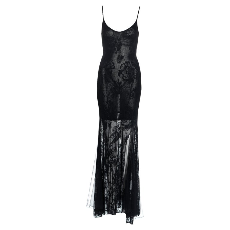Christian Dior by John Galliano black viscose knit lace evening dress, ss 2002 For Sale