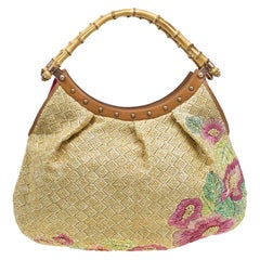 Beigefarbener Raffia-Bambus-Hobo mit Blumendruck von Gucci