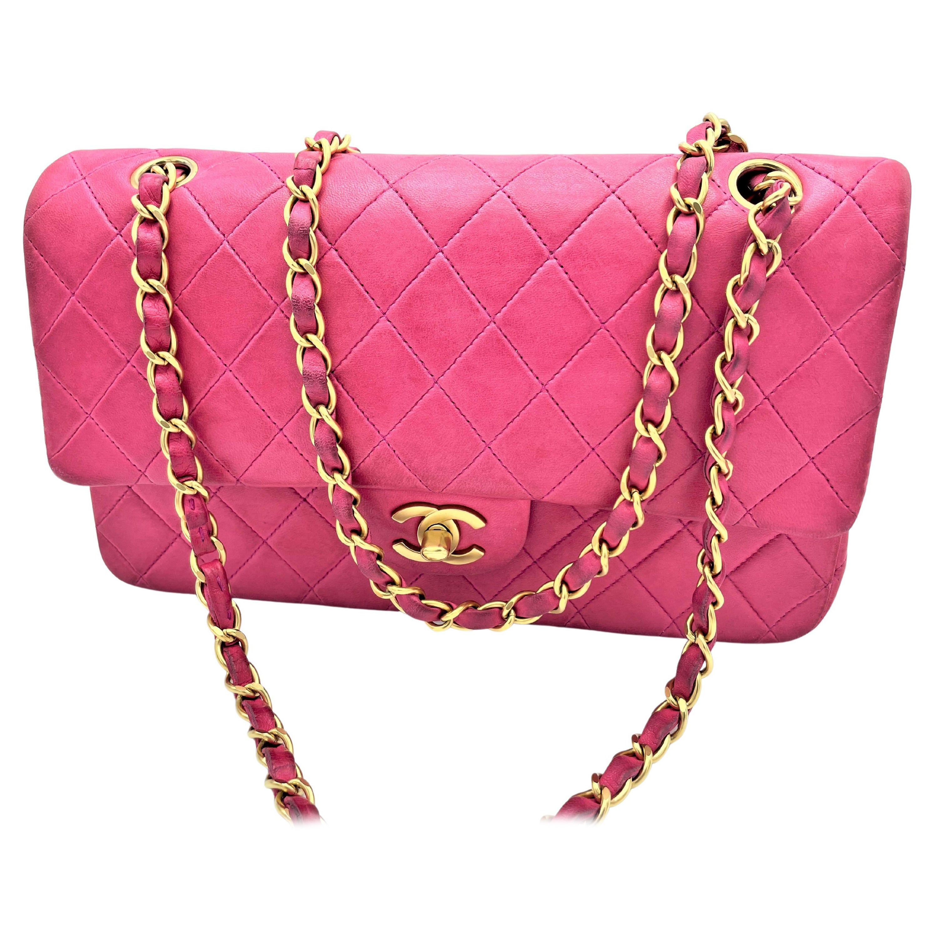 Vintage CHANEL quilted double flap bag, lambskin leather, medium in pink, 1995  