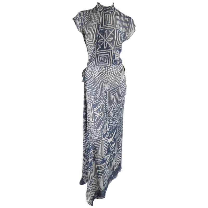 RALPH LAUREN COLLECTION Size 8 Printed Navy Silk Chiffon Wrap Maxi Dress