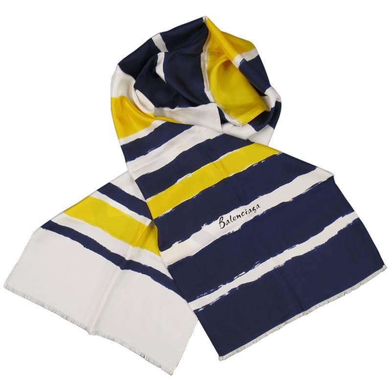 Vintage BALENCIAGA Navy White & Yellow Brush Stroke Striped Silk Scarf