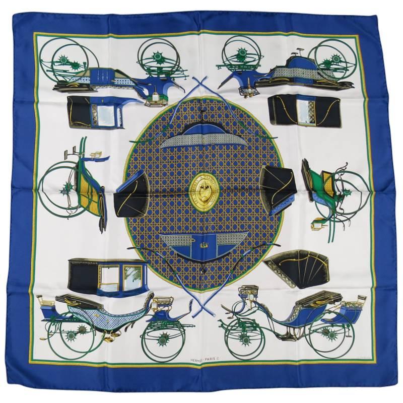 HERMES Blue Gold & White Silk Les Voitures a Transformation Equestrian Scarf