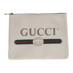 Gucci Off White Leather Logo Print Zip Pouch