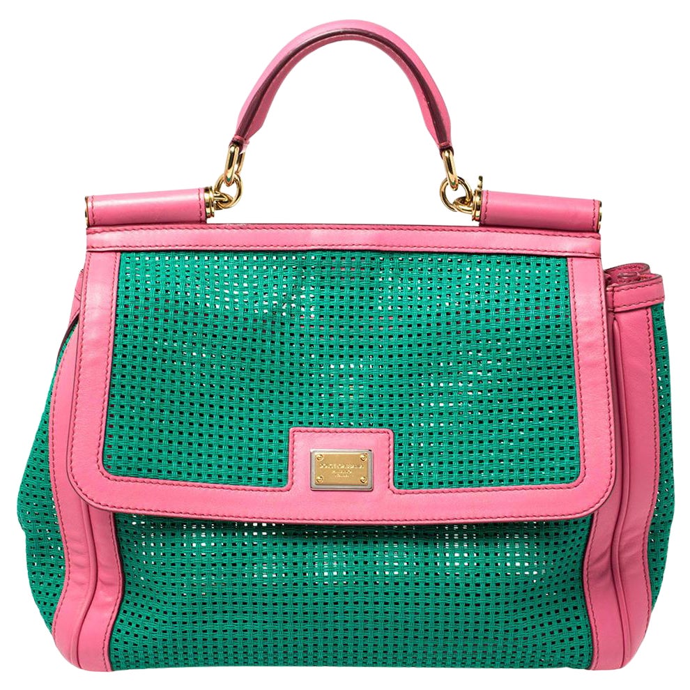 Dolce & Gabbana Green/Pink Woven Raffia and Leather Large Miss Sicily Top Handle