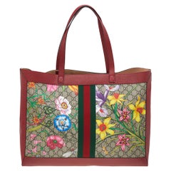 Gucci  Leather And Coated Canvas Web GG Supreme Flora Printed Ophidia Tote