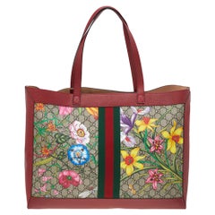 Gucci Leather And Coated Canvas Web GG Supreme Flora Printed Ophidia Tote