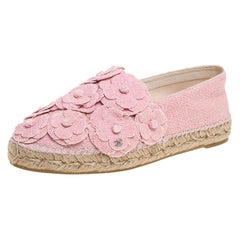 Chanel Pink Tweed Fabric CC Camellia Espadrilles Size 39