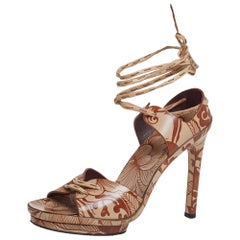 Gucci Brown/Beige Floral Printed Leather Ankle Wrap Sandals Size 37