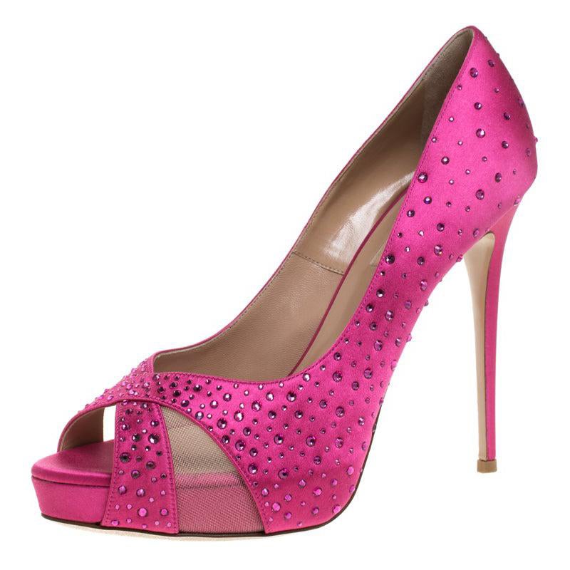 Valentino Pink Crystal Embellished Satin Peep Toe Platform Pumps Size 40